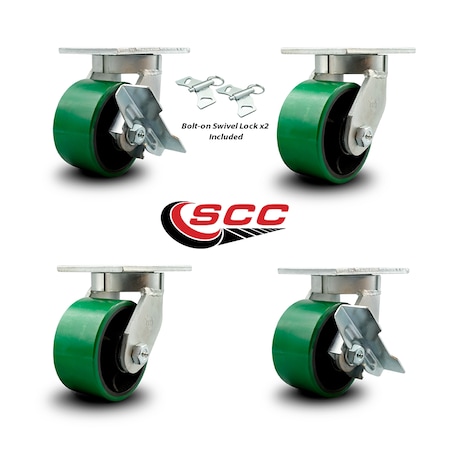 Service Caster 6 Inch Heavy Duty Green Poly on Cast Iron Caster Swivel Lock 2 Brakes SCC, 2PK SCC-KP92S630-PUR-GB-BSL-2-SLB-2
